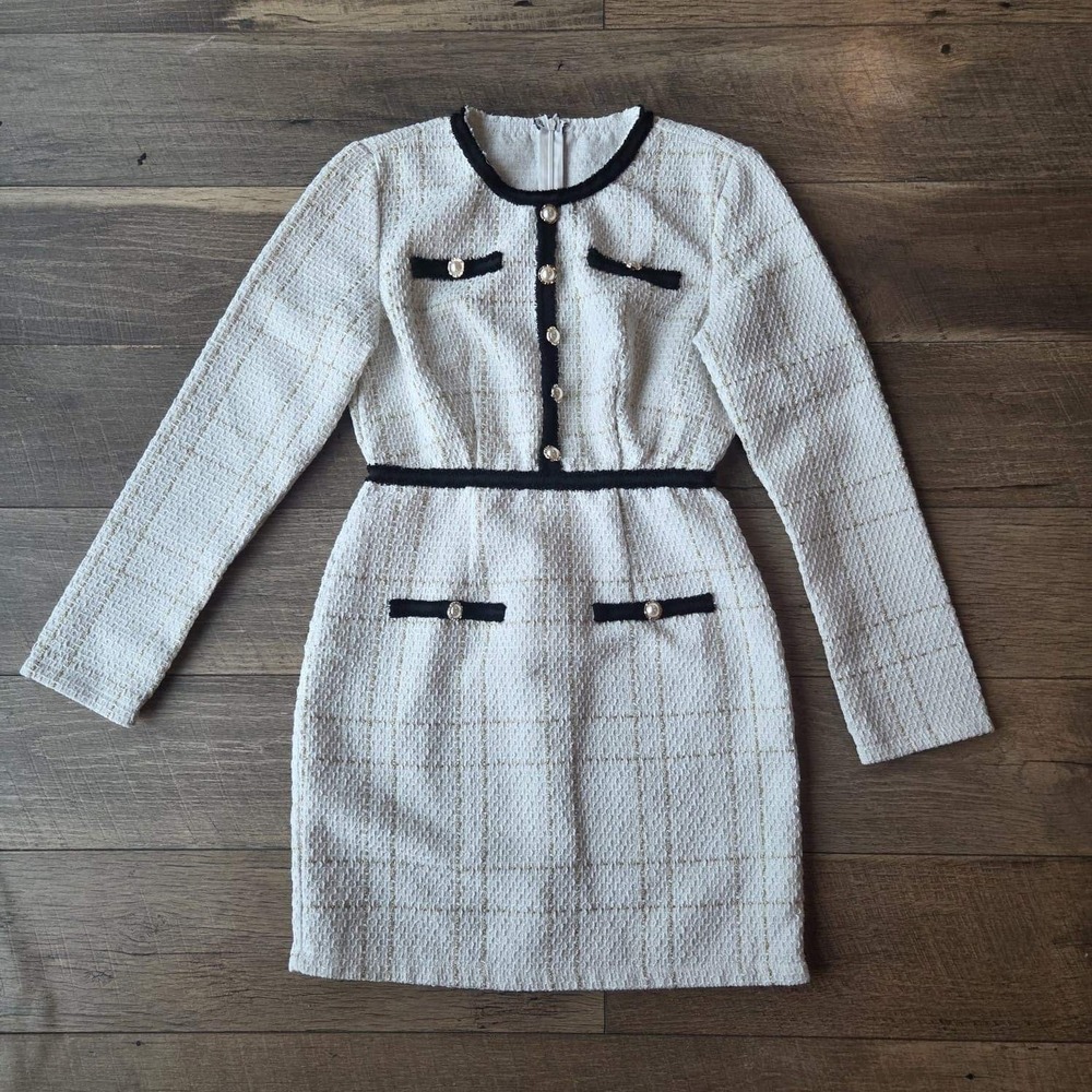 White Tweed Mini Dress Black Contrast Pearl Buttons Long Sleeve Gold Thread